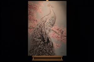 Tableau peint à la main Gracious Peacock Rose foncé - Blanc - Bois massif - Textile - 70 x 100 x 4 cm