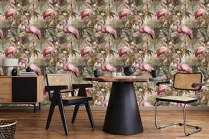 Papier Peint Flamants Feuilles Fleurs Beige - Marron - Gris - Rose foncé - Papier - Textile - 53 x 1000 x 1000 cm