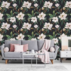 Tapete Aquarell MAGNOLIA Blumen Natur Beige - Braun - Grün - Weiß - Papier - Textil - 53 x 1000 x 1000 cm