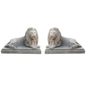 Statue ancienne - COUPLE DE LIONS Gris - Pierre - 90 x 101 x 160 cm