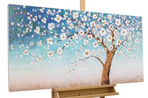 Tableau peint Evening in Spring Bleu - Blanc - Bois massif - Textile - En partie en bois massif - 120 x 60 x 4 cm