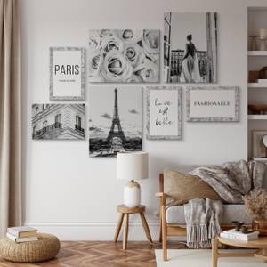 Set De Tableaux Paris Fleurs Citations Noir - Gris - Blanc - Textile - 110 x 80 x 80 cm