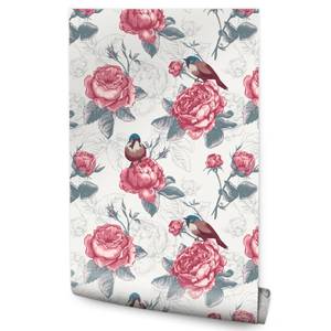 Papier Peint Feuilles Fleurs Oiseaux Marron - Gris - Rose foncé - Papier - Textile - 53 x 1000 x 1000 cm