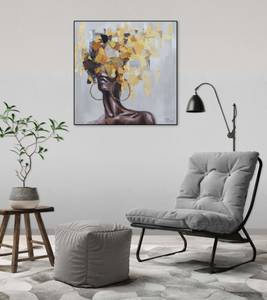 Acrylbild handgemalt Blättergewand Grau - Gelb - Massivholz - Textil - 60 x 60 x 4 cm