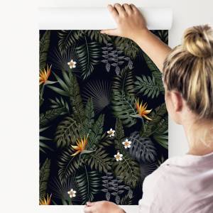 Tapete TROPISCHE BLÄTTER Blumen Pflanzen Schwarz - Grün - Orange - Weiß - Papier - Textil - 53 x 1000 x 1000 cm