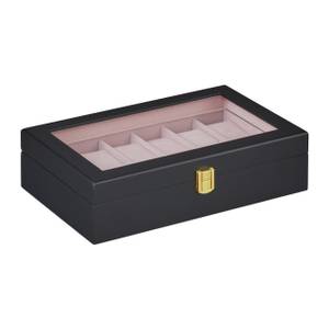 Uhrenbox mit 12 Fächern Schwarz - Gold - Pink - Holzwerkstoff - Glas - Textil - 32 x 9 x 21 cm
