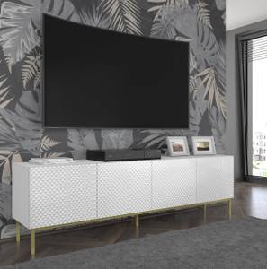 Meuble TV RavennaC 200x42x58 Blanc brillant - Doré - Blanc