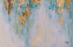 Tableau peint à la main Traces of Heaven Beige - Turquoise - Bois massif - Textile - 75 x 100 x 4 cm