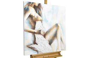 Tableau peint à la main Unveiled Beauty Beige - Bois massif - Textile - 80 x 80 x 4 cm
