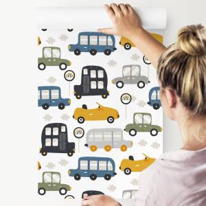 Tapete für Kinder AUTOS Verkehrszeichen Blau - Grau - Grün - Weiß - Papier - Textil - 53 x 1000 x 1000 cm