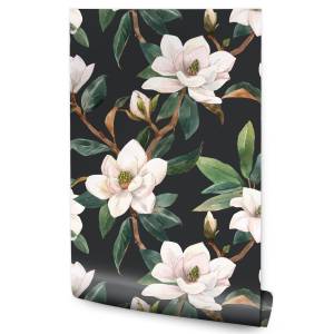 Papier Peint FLEURS Magnolia Nature Beige - Marron - Vert - Blanc - Papier - Textile - 53 x 1000 x 1000 cm