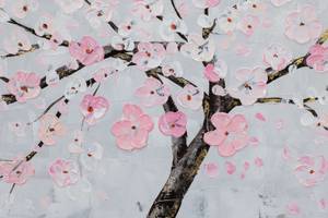 Tableau peint Cherry Blossom Dream Gris - Rose foncé - Bois massif - Textile - 123 x 63 x 4 cm