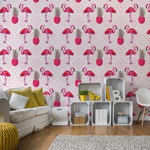 Tapete FLAMINGOS Ananas Geometrie Muster Grün - Pink - Weiß - Papier - Textil - 53 x 1000 x 1000 cm