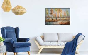 Tableau peint à la main Fall Melancholy Bleu - Orange - Bois massif - Textile - 90 x 60 x 4 cm