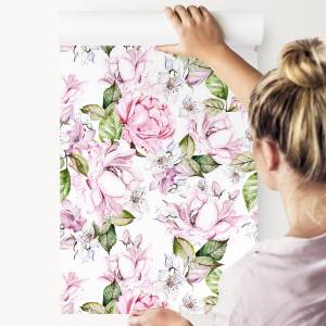 TAPETE Blumen Rosen Blätter Pflanzen Grün - Weiß - Papier - 53 x 1000 x 1000 cm