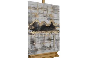 Tableau peint Extraordinary Mirage Noir - Gris - Bois massif - Textile - En partie en bois massif - 60 x 90 x 4 cm