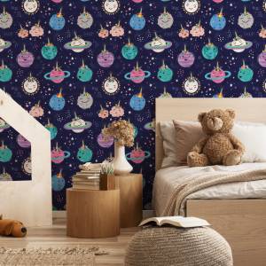 Tapete für Kinder PLANETEN Blumen Sterne Blau - Grau - Violett - Weiß - Papier - Textil - 53 x 1000 x 1000 cm