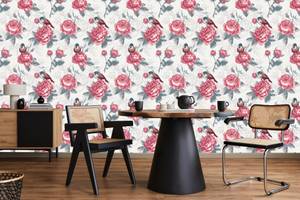 Papier Peint Feuilles Fleurs Oiseaux Marron - Gris - Rose foncé - Papier - Textile - 53 x 1000 x 1000 cm