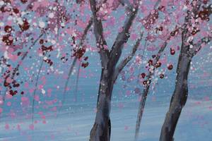 Acrylbild handgemalt Kirschblütennacht Blau - Pink - Massivholz - Textil - 90 x 60 x 4 cm