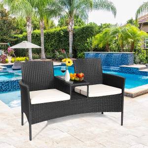 2-Sitzer Rattan Gartenbank mit Kissen Weiß - Rattan - 61 x 85 x 138 cm