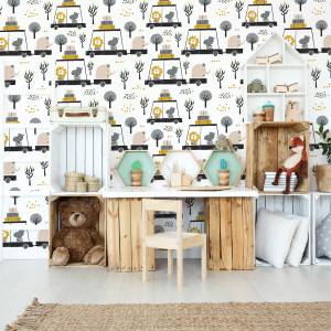 Papier Peint animaux sauvages enfants Beige - Noir - Gris - Vert - Blanc - Papier - 53 x 1000 x 1000 cm