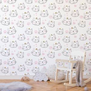 Papier Peint pour enfants chats cœurs Noir - Marron - Orange - Blanc - Papier - 53 x 1000 x 1000 cm