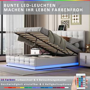 Polsterbett mit LED Nesoi Ⅲ Weiß - Holzwerkstoff - Metall - Kunststoff - Massivholz - Holzart/Dekor - 142 x 104 x 203 cm