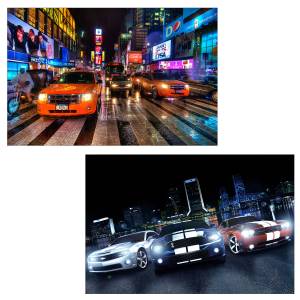 LED-Bild Cars (2er Set) Holzart/Dekor - Holz teilmassiv - 40 x 60 x 1 cm