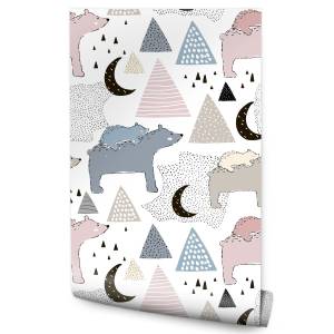 Papier Peint pour enfants ours montagnes Beige - Noir - Bleu - Gris - Blanc - Papier - Textile - 53 x 1000 x 1000 cm