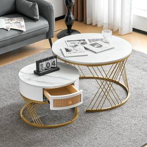 Couchtisch MARBDiana Ⅱ+ (2er Set) Gold - Weiß - Holzwerkstoff - Metall - Kunststoff - Polyrattan - 71 x 46 x 71 cm