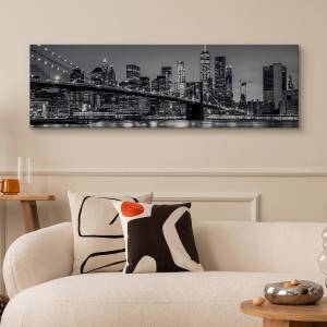 Panoramabild New York bei Nacht 3D Schwarz - Grau - Weiß - Textil - 145 x 45 x 45 cm