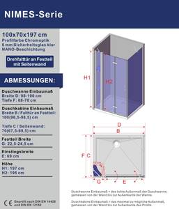 180° Falttür mit Seitenwand Duschkabine 100 x 70 cm