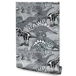 Tapete für Kinder Wildtiere Dinosaurier Schwarz - Grau - Weiß - Papier - Textil - 53 x 1000 x 1000 cm