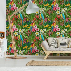 Papier Peint FLEURS Tropicale Perroquets Beige - Bleu - Vert - Rouge - Papier - Textile - 53 x 1000 x 1000 cm