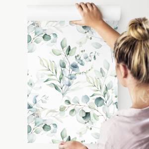 Papier Peint feuilles aquarelle plantes Beige - Bleu - Marron - Vert - Blanc - Papier - 53 x 1000 x 1000 cm