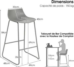 Tabouret de Bar VH32524SDFR(lot de 2) Gris - Matière plastique - 48 x 84 x 49 cm