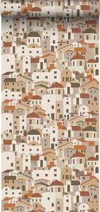 papier peint maisons méditerranéennes beige et terracotta - Orange