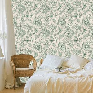 Papier Peint FLEURS Feuilles Plantes Beige - Vert - Papier - Textile - 53 x 1000 x 1000 cm