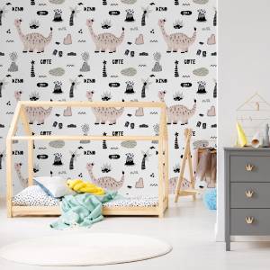 Papier Peint DINOSAURES Palmiers Volcans Beige - Noir - Gris - Blanc - Papier - Textile - 53 x 1000 x 1000 cm