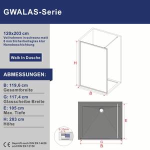 Duschwand Walk in Dusche Schwarz Rahmen Schwarz - Glas - 120 x 203 x 1 cm