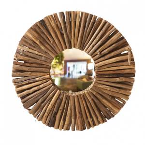 Miroir mural rond D50cm style artisanal Marron - En partie en bois massif - 50 x 50 x 50 cm