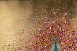Acrylbild handgemalt Goldener Blütenpfau Gold - Pink - Massivholz - Textil - 120 x 80 x 4 cm