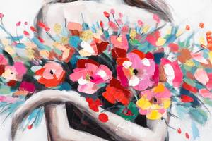 Tableau peint Flowery Temptation Gris - Rouge - Bois massif - Textile - 80 x 80 x 4 cm
