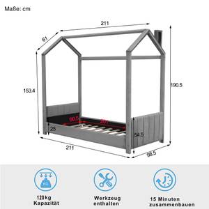 Hausbett Samt Leon Grau - Massivholz - 99 x 190 x 211 cm