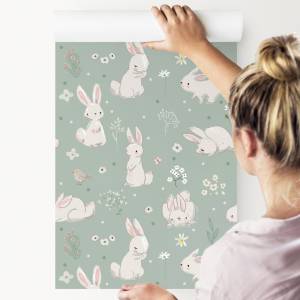 TAPETE Kinderzimmer Weiße Kaninchen Grau - Grün - Rot - Weiß - Papier - 53 x 1000 x 1000 cm