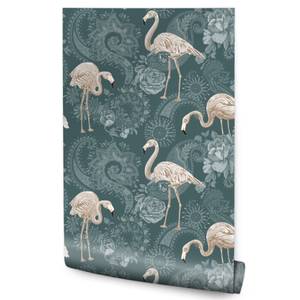 Tapete Vögel FLAMINGOS Blumen Ornamente Beige - Grün - Papier - Textil - 53 x 1000 x 1000 cm