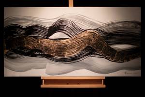 Tableau peint à la main Vague engloutie Noir - Blanc - Bois massif - Textile - 120 x 60 x 4 cm