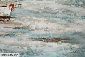 Tableau peint à la main Sailboat Racing Bleu - Blanc - Bois massif - Textile - 140 x 70 x 4 cm