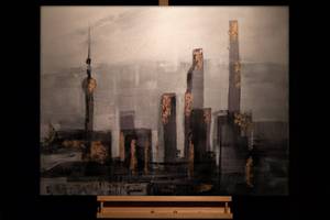 Tableau peint à la main Big City Love Noir - Gris - Bois massif - Textile - 100 x 70 x 4 cm