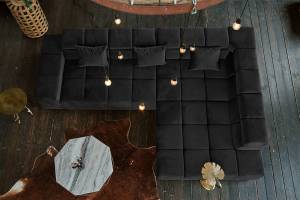 Ecksofa NEVADA Velvet Recamiere Schwarz - Armlehne davorstehend links - Ecke davorstehend rechts